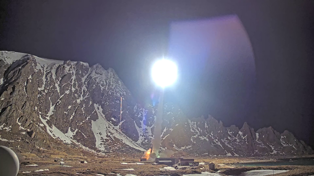 ICI-5b rocket launch from Andøya Space, Oksebåsen with snowy mountains in background